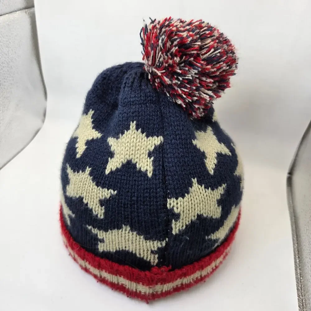 USA Flag Knit Beanie Hat Stars Stripes Pom Winter Acrylic Unbranded